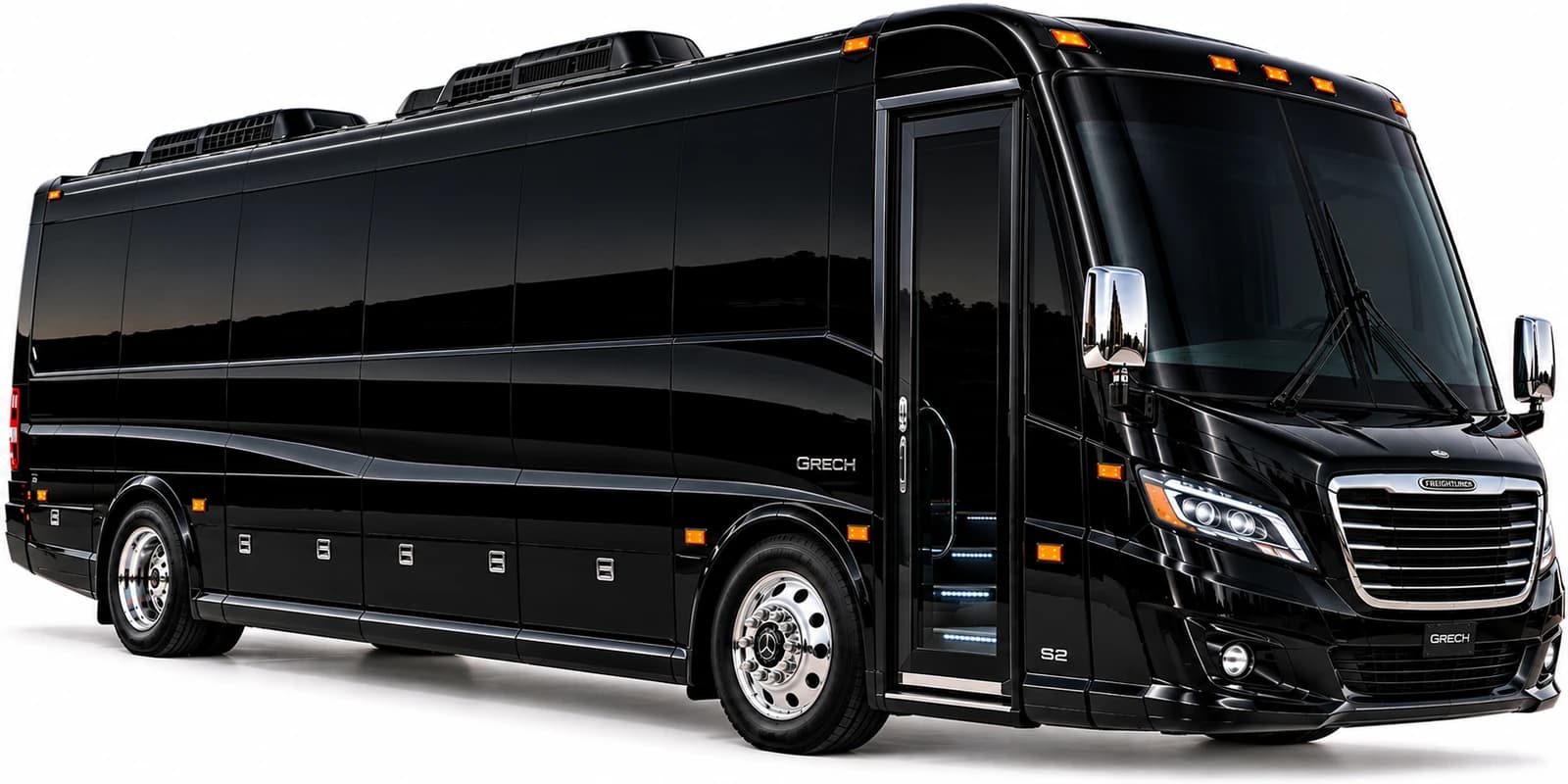 Black Grech mini coach with large tinted windows and chrome wheels.